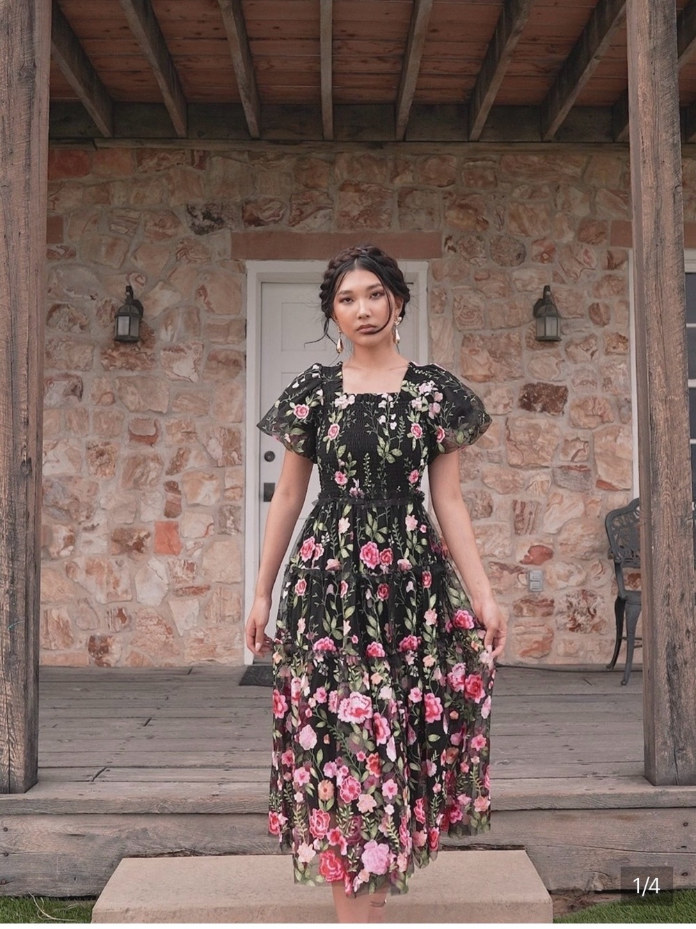 🌸🖤 JESSAKAE FLORAL SMOCKED MIDI DRESS 4X BLACK PINK PUFF SLEEVE